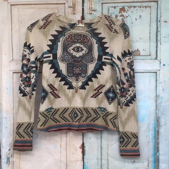 gaze Sweaters - Bohemian Hamsa Hand Knit Sweater Shirt XS Southwestern Tribal Geometric Print Ar